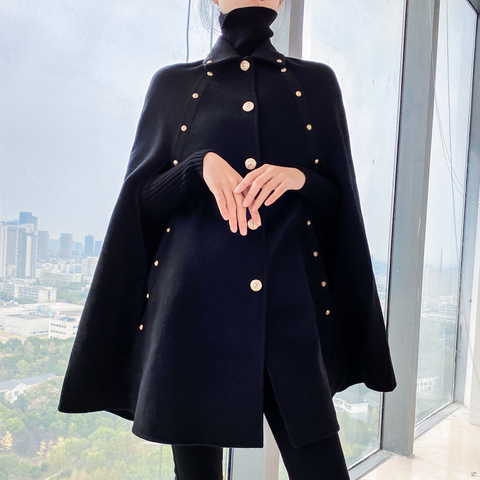 Black cape woolen coat women autumn winter 2022 new mid-length loose shawl vintage cloak wool coat ► Photo 1/5