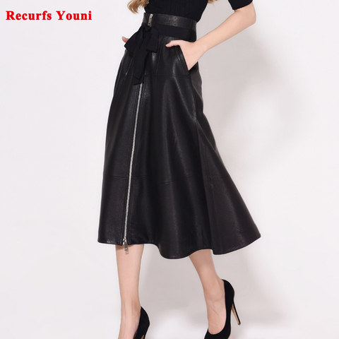 Female Vintage Genuine Leather 80 cm long Skirt Women Laceing Bubble Skin High Waist Faldas Largas Mujer Middle Zipper Spodnica ► Photo 1/6