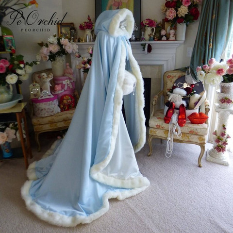 PEORCHID Light Blue Ivory Faux Fur Victorian Cape Long Warm Satin With Hooded Customized Wedding Cloak Bridal Winter Women Shawl ► Photo 1/6