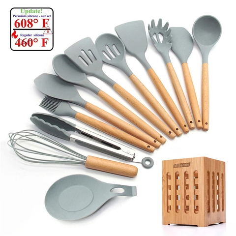 12pcs/set Wood Handle Kitchen Utensils Non-stick Silicone Cookware Storage  Bucket Set, Cooking Tools