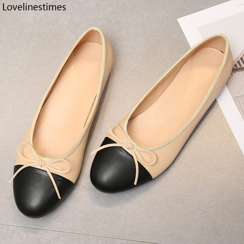 Ballet Flats Classic Shoes Women Basic 2022 Leather Tweed Cloth Two Color Splice Bow Round Ballet Shoe Fashion Flats Women Shoes ► Photo 1/6