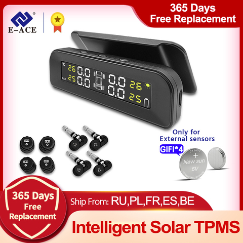 E-ACE TPMS Car Tire Pressure Alarm Monitor System Display Intelligent Temperature Warning with 4 Sensors Solar Power Charging ► Photo 1/6