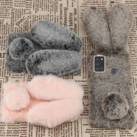 For Samsung Galaxy A21S M51 Case Warm Plush Rabbit Fur Shiny Diamond Silicone Back Cover For Samsung A51 A71 Coque Fundas ► Photo 1/6