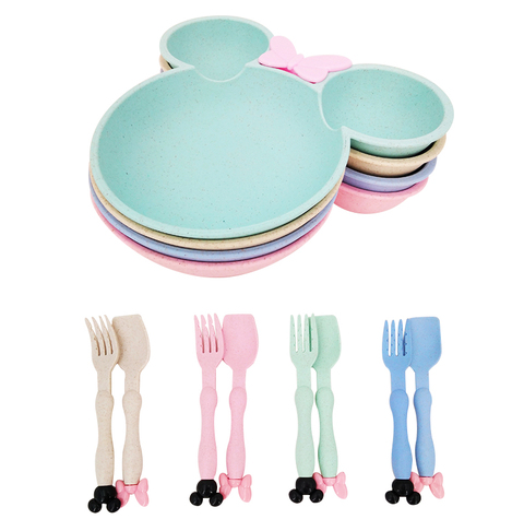 3pcs Wheat Straw Baby Cartoon Tableware Set Children's Dishes Kids Dinner Platos Baby Feeding Plate Training Bowl Spoon Fork ► Photo 1/6