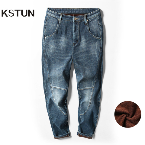 Winter Men's Warm Jeans Harem Pants Thicken Denim Elastic Loose Fit Blue Jean Pants Male Brand Casual Plus Velvet Big Size 40 42 ► Photo 1/6