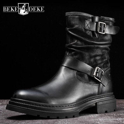 Retro Winter British Genuine Leather Mens Mid Calf Boots Belt Buckle Zipper Round Toe Thick Bottom Male Safety High Top Boots ► Photo 1/6