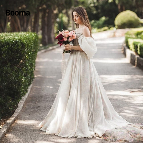 Booma Chiffon Princess Wedding Dresses 2022 Off the Shoulder 3/4 Sleeve Beach Bridal Gowns Simple Boho Wedding Gown Plus Size ► Photo 1/5