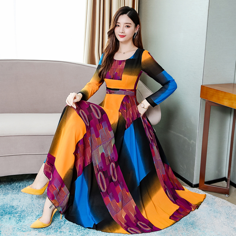 2022 Autumn New Arrival Plus Size M-3XL Korean Round Collar Color Block Long Sleeve Woman Chiffon Long Dress ► Photo 1/6