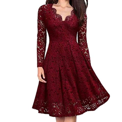 Retro Women Dresses Lace Floral V Neck Long Sleeve Tight Waist A-line Party Midi Dress Tight Waist Party Dress Women платье ► Photo 1/6