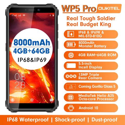 OUKITEL WP5 Pro IP68 Waterproof Smartphone 8000mAh Triple Camera Face/Fingerprint Unlock  Android 10 5.5 inches 4GB 64GB Mobile ► Photo 1/6