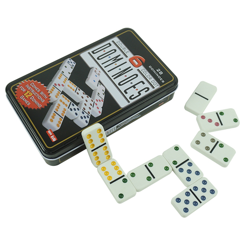 Double Six Board Game 28 Pcs White Domino Tile With Color Dots Tin Box Home Funny Game Entertainment Recreational Travel ► Photo 1/6