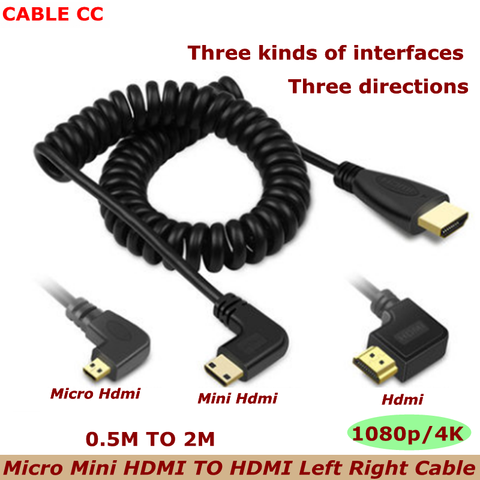 2m HDMI to Right & Left Angle Mini HDMI & HDMI & Micro HDMI male to male stretch Spring Curl Flexible Cable V1.4 DSLR ► Photo 1/6