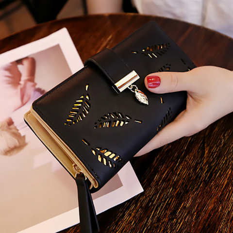 Women Wallet PU Leather Purse Female Long Wallet Gold Hollow Leaves Pouch Handbag For Women Coin Purse Card Holders Clutch ► Photo 1/6