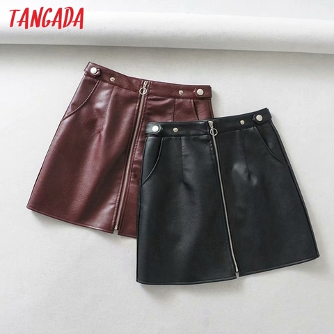 Tangada 2022 autumn winter women solid faux leather skirts faldas mujer zipper female mini skirt 1Y25 ► Photo 1/6