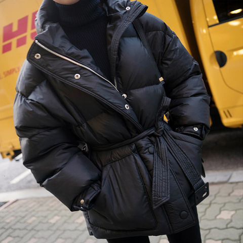 2022 black women's fashion down parka winter jacket simple cuff design windproof warm female high quality coats with belt YRF75 ► Photo 1/5