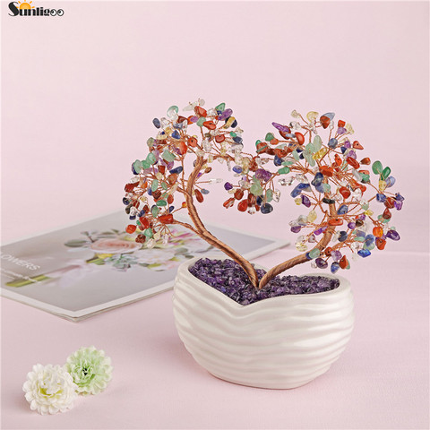 Sunligoo Heart Shape Feng Shui Money Tree Ornaments Mini Tumbled Gemstones Bonsai Tree Figurines Ceramic Vase Office Home Decor ► Photo 1/6