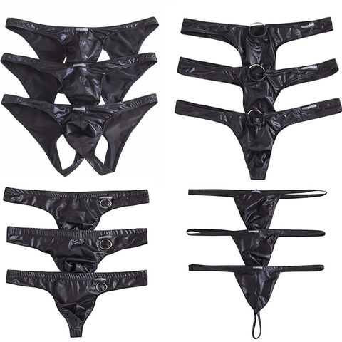 3PCS/Lots Sexy Men Thong G-string Jockstrap PU Leather Micro Bikini Exotic T-back Panties Gay Thongs Latex Panties Tangas Briefs ► Photo 1/6