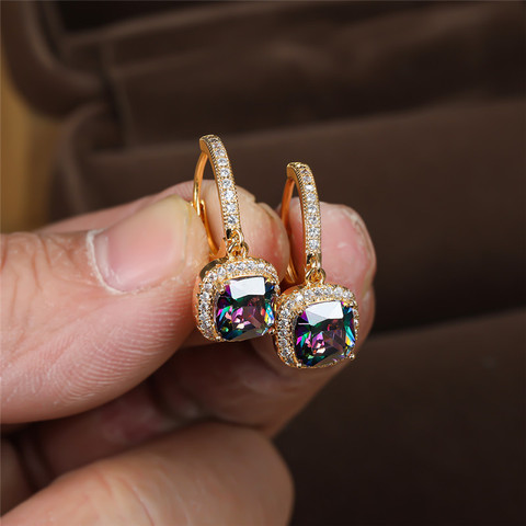 Mystic Rainbow Zircon Cute Square Stone Drop Earrings For Women Wedding Jewelry Yellow Gold Multicolor Crystal Dangle Earrings ► Photo 1/6