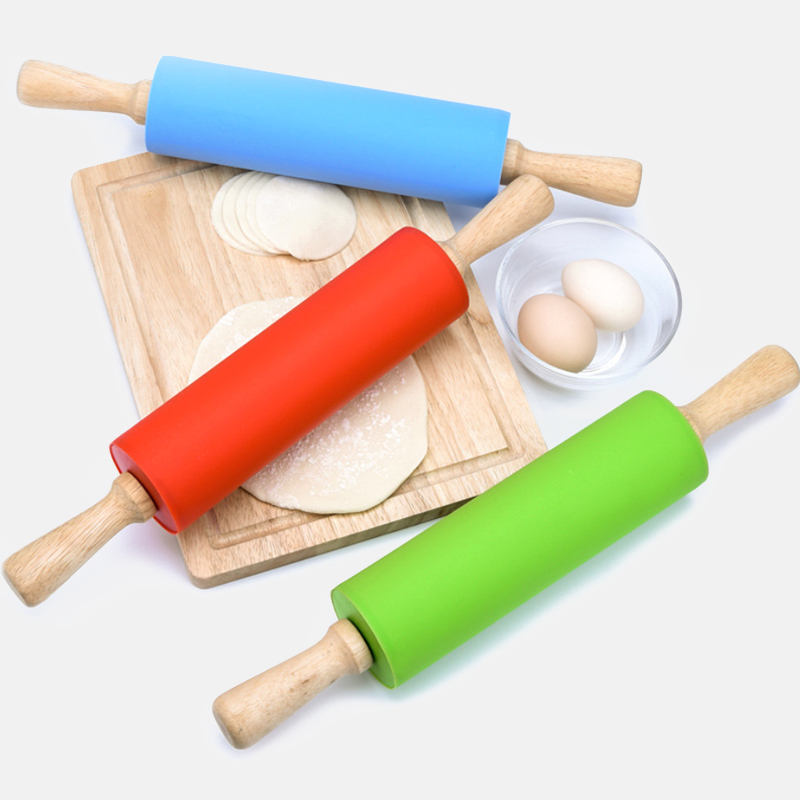 Non Stick Long Wooden Handle Silicone Rolling Pin Fondant Cake Baking Tools 