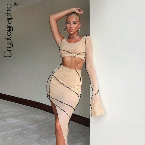 Cryptographic Sexy Sheer Mesh Top and Midi Skirts Women Fashion Outfit Autumn 2022 Long Sleeve Two Piece Club Party Matching Set ► Photo 1/6
