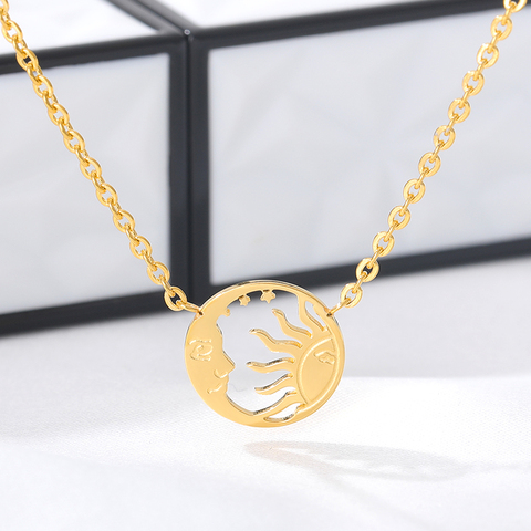 Minimalist Gold Silver Color Crescent Moon Sun Pendent Necklaces For Women Disc Coin Stainless Steel Charm Choker Necklace BFF ► Photo 1/6