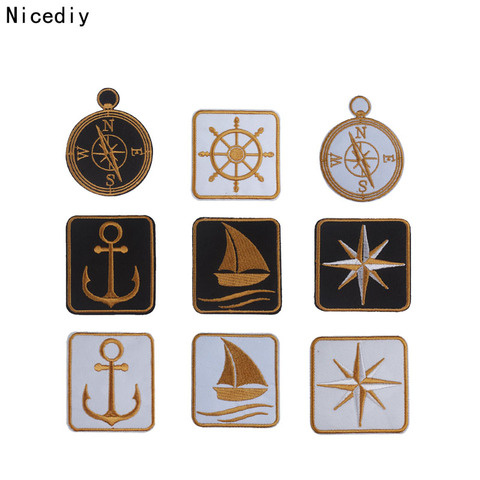 Nicediy One Piece Compass Embroidery Patch Anchor Iron On Clothing Cartoon Sailboat Patches For Clothes Stripe Applique C ► Photo 1/6