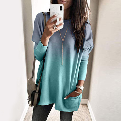 O-neck Long Sleeve Gradient Color Loose Casual T Shirt  Women 2022 Autumn Pocket Long Tops Plus Size Woman Tshirts T-shirt ► Photo 1/6