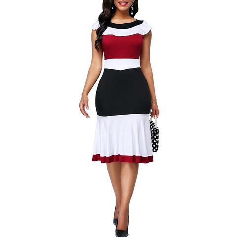 woman dress Office Lady O Neck Ruffled Hem Sleeveless Color Block Bodycon Knee-length Dress платье летнее vestido de mujer 2022 ► Photo 1/6