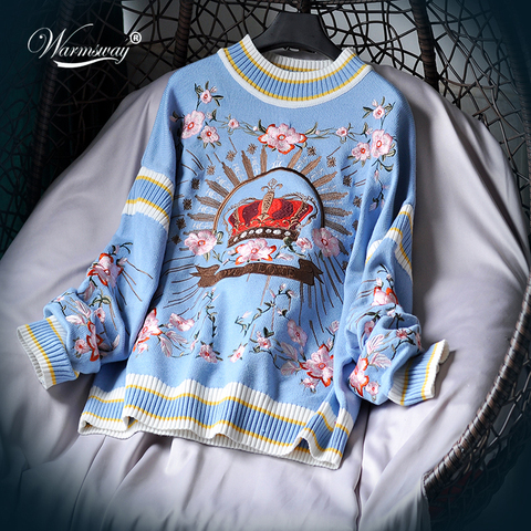Runway Luxury Winter Knitting Pullovers Women's High Quality Floral Crown Embroidery Casual Loose Blue Sweater C-127 ► Photo 1/6