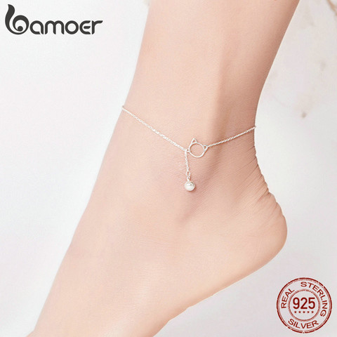 bamoer Foot Jewelry Anklet Simple Bell And Cat Bracelet for Ankle Real Solid 925 Sterling Silver Anklets For Women SCT003 ► Photo 1/5