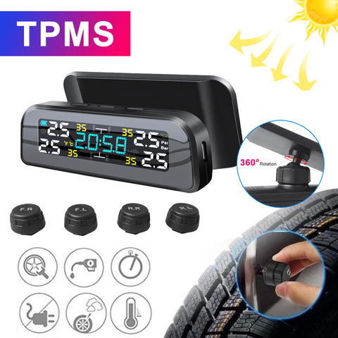 Car TPMS Tire Pressure Alarm Monitor System Temperature Warning Fuel Save Display Attached 4 External Sensors wireless Solar ► Photo 1/6