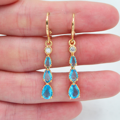 Fashion Gold Color Aqua Blue Cubic Zirconia Teardrop Dangle Earrings for Women ► Photo 1/2