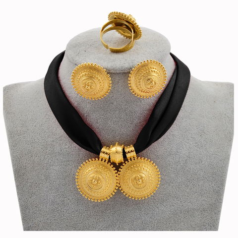 Anniyo DIY Rope Chain Ethiopian Jewelry Set Gold Color Eritrea Ethnic Style Habesha Pendant Earrings Ring #217106 ► Photo 1/6