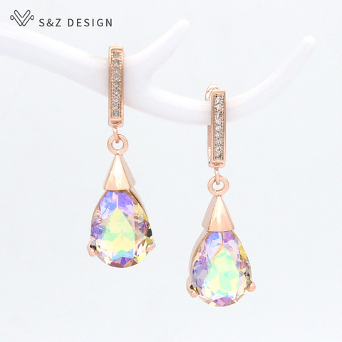 S&Z DESIGN Korean Fashion Colorful Water Drop Crystal Dangle Earrings 585 Rose Gold For Women Girlfriend Jewelry Lover Gift ► Photo 1/6