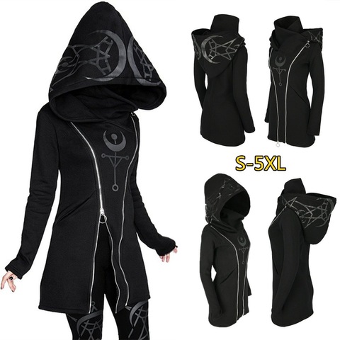 2022 Women's Punk Style Print Long Sleeve Hooded Double Zipper Hoodies Long Black Hoodie ► Photo 1/6