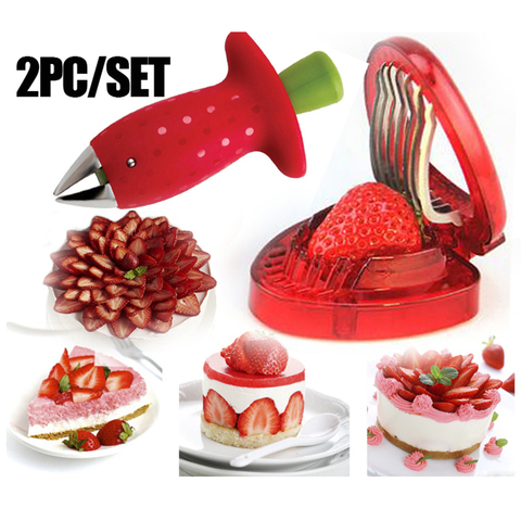 Kitchen Fruit Gadget Tools 2pc/ set Strawberry Slicer Cutter Strawberry Corer Strawberry Huller Leaf Stem Remover ► Photo 1/6