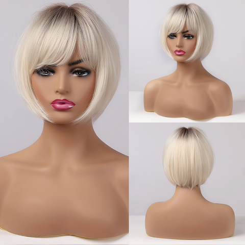 ALAN EATON Short Straight Ombre Brown Blonde Bob Wig With Bangs Synthetic Hair Wig for Women Cosplay Lolita Heat Resistant Fiber ► Photo 1/6