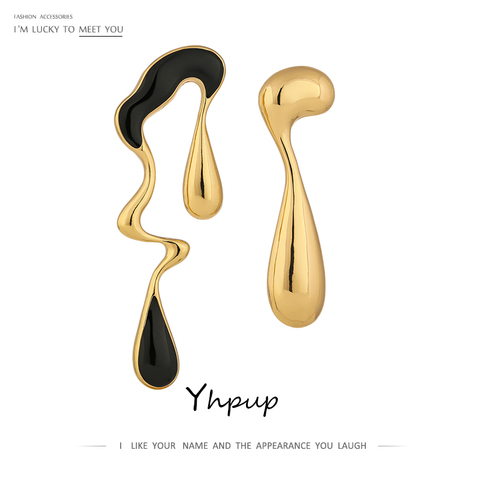 Yhpup Golden Asymmetric Earrings Black Enamel Zinc Alloy Fashion Charm Women Metal Earrings Party Brincos oorbellen voor vrouwen ► Photo 1/6