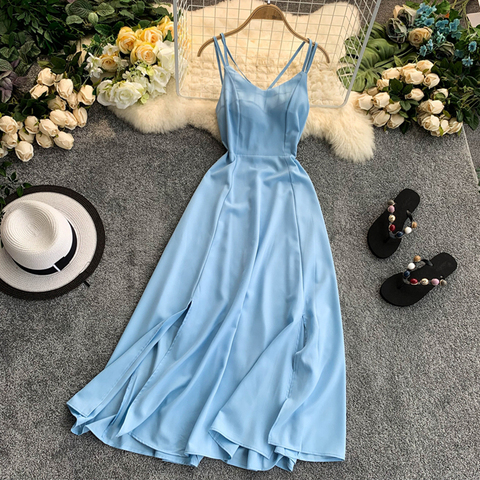 FTLZZ 2022 Ladies Sexy V Neck Spaghetti Strap Dresses Summer Backless Split Slim Long Dress Women Casual Beach Holiday Vestidos ► Photo 1/6