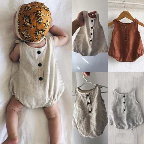 Newborn Baby Girl Boy Solid Cotton Linen Romper Jumpsuit Outfits Summer Sleeveless Clothes 0-18M ► Photo 1/6