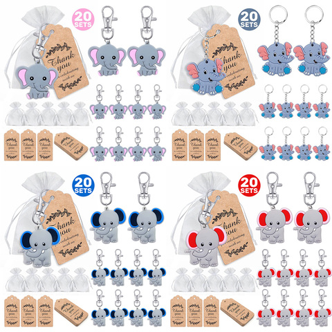 A set of 20 baby welcome party return gifts, pink baby elephant key chain + organza bag + thanks kraft paper label for elephant ► Photo 1/6