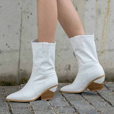Fashion Women Boots Pu Leather Wedges Ankle Boots Autumn Winter Western Cowboy Boots Pointed Toe High Heel Woman Boots Shoes ► Photo 1/6