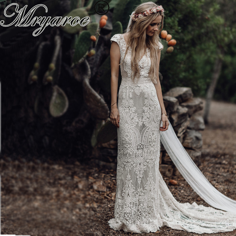 Mryarce Unique Bride Vintage Crochet Lace Boho Wedding Dress Cap Sleeves Open Back Bohemian Bridal Gowns ► Photo 1/6