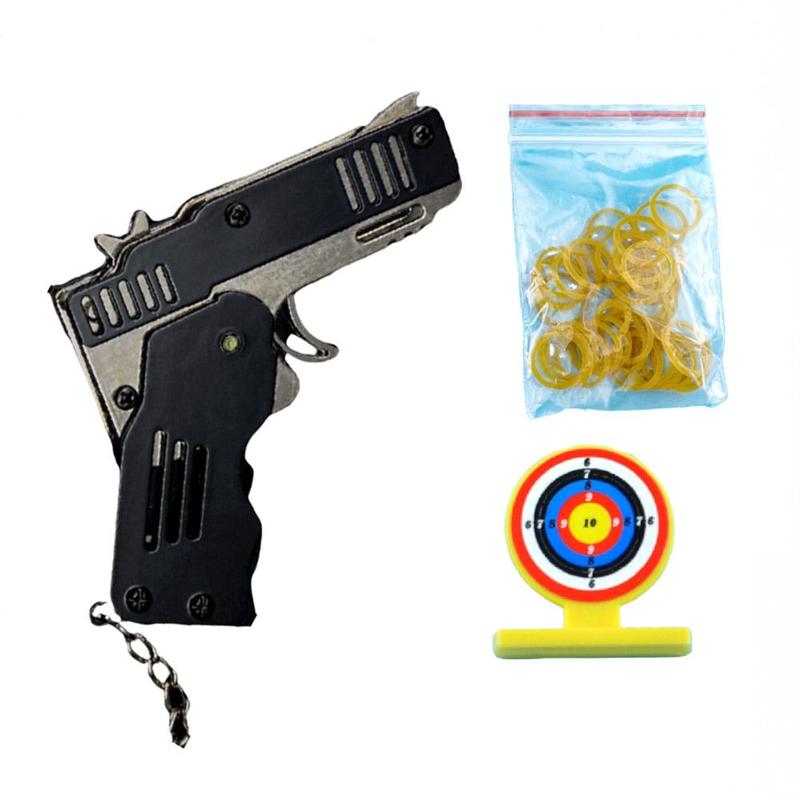 HOT Rubber Band Gun Mini Metal Folding 6-Shot with Keychain and Rubber Band 50 