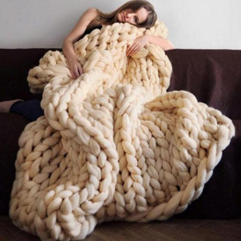 Fashion Hand Made Chunky Merino Wool Blanket Thick Big Yarn Roving Knitted Plaid Blanket Warm Throw Blanket For Sofa Plaid Cover ► Photo 1/6