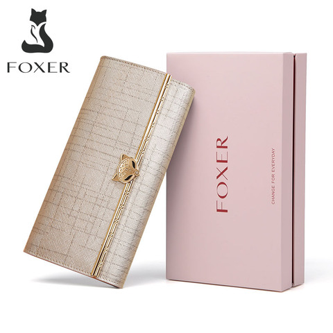 FOXER Brand Women's Split Leather Long Wallets Lady Luxury Clutch Bag Coin Purse Female Fashion Credit Card Holder for Women ► Photo 1/6