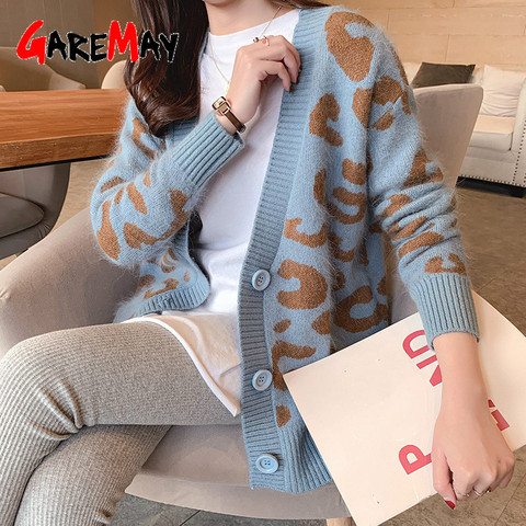 2022 Autumn Winter Knitted Leopard Sweaters Women Korean V Neck Thick Print Cardigan Coat Loose Button Outwear Tops ► Photo 1/6
