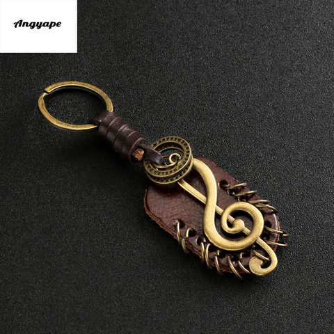 Angyape 2022 Fashion vintage brown Genuine Leather wing compass Music Symbol keychain handwork alloy Accessories men key chain ► Photo 1/6