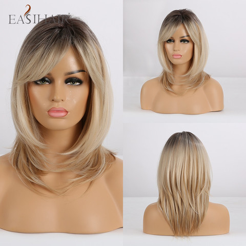 EASIHAIR Long Wavy Layered Wigs Heat Resistant Synthetic Wigs With Bangs for Afro Women Dark Root Ombre Blonde Highlight Wigs ► Photo 1/6