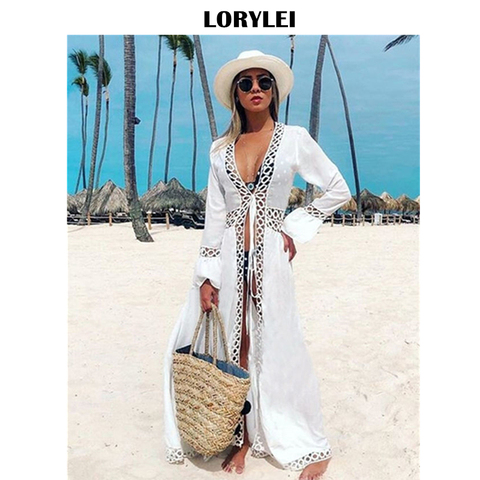 2022 Sexy Hollow Out White Cotton Summer Dress Beach Tunic Women Beachwear Long Sleeve Front Open Self Belted Maxi Dress Q964 ► Photo 1/6